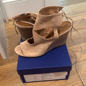 EUC Aquazzura Firenze Sexy Thing Nude Suede Wedge 85 Sandals